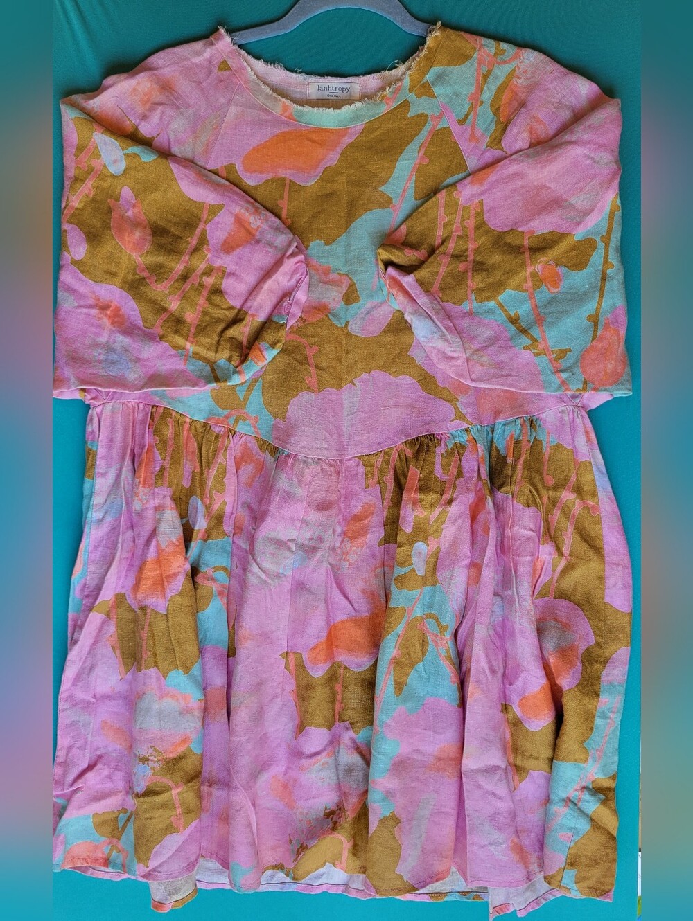 Lanhtropy Acala Linen Balloon-Sleeve Mini Dress One Size Pink Multi Color